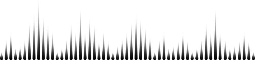Black sound waves are visualized on white background, creating an abstract representation of music waves, radio signal frequency, or digital voice visualization, resembling a tune equalizer vector