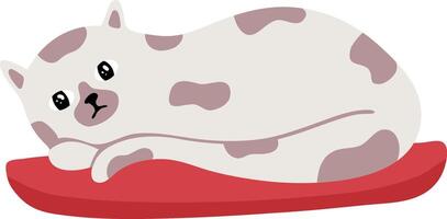 White cat with gray spots resting comfortably on a vibrant red pillow, savoring a tranquil moment of peace and relaxation in a cozy indoor setting vector