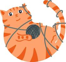 Playful ginger tabby cat finds itself adorably entangled in yarn, its paws wrapped around a ball of gray thread, creating a whimsical and charming scene vector