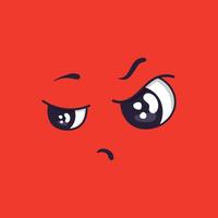 Suspicious cartoon face expressing distrust, skepticism, and doubt with squinted eyes and a furrowed brow on a vibrant red background, conveying a sense of unease and questioning vector