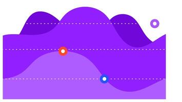 Business graphic charts, line diagrams and business infographics elements set showing growth, decline, and stagnation with purple waves, dotted lines, and colored circles vector