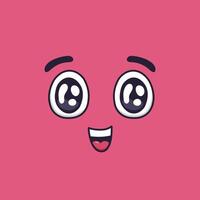 Cartoon face expressing surprise and happiness with wide open eyes, raised eyebrows, and a cheerful smile against a vibrant pink background, radiating joy and wonder vector