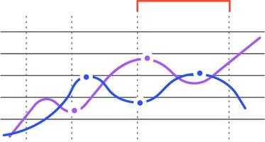 Two colorful lines are representing data points over time, creating a visual representation of trends and fluctuations, with a highlighted period marked in red vector