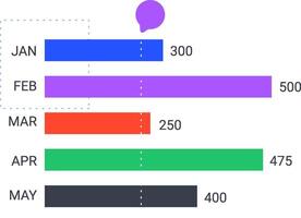Colorful horizontal bar chart is displaying monthly statistics from january to may, indicating trends and performance with a speech bubble above vector