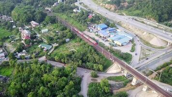 View from the drone on the platform in the suburb and the railway express video