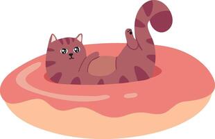 Cartoon illustration featuring a cute brown tabby cat lying on its back inside a giant donut, paws playfully raised, savoring a sweet and comfortable moment of relaxation vector