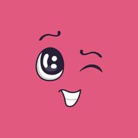 Winking cartoon face radiating a playful smile and raised eyebrow, effortlessly conveying mischief and fun, all set against a vibrant pink backdrop full of energy vector