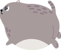 Chubby gray cat running and looking up, featuring a striped tail and light gray belly, perfect for children's books and playful pet product branding vector