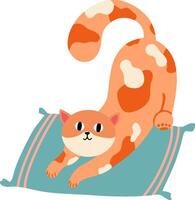 Playful orange cat with white spots is arching its back and stretching its paws on a teal pillow with pink stripes, creating a cheerful and adorable scene vector