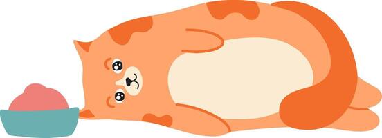 Cartoon illustration of a cute, fat, ginger cat lying on its side next to a bowl of pink food, looking at the viewer with a contented expression vector