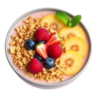 A bowl of fruit and granola topped with berries and a mint leaf png