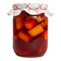 A jar of pickled fruit with a checkered cloth png