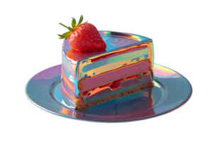 3D chrome element in Y2K style, isolated background, liquid holographic metal. A slice of cake with a strawberry on top, rainbow design. png