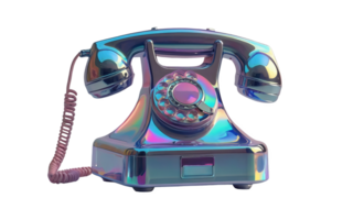 3D chrome element in Y2K style, isolated background, liquid holographic metal. A colorful retro phone with a rainbow colored dial. png
