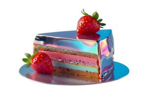 3D chrome element in Y2K style, isolated background, liquid holographic metal. A slice of cake with a strawberry on top, silver and blue frosting. png