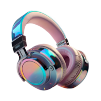 3D chrome element in Y2K style, isolated background, liquid holographic metal. Pair of headphones with a rainbow design, silver colorful and fun. png