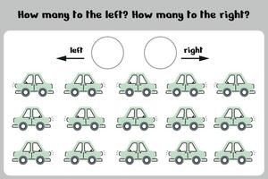 Count how many cars turned to the right and to the left. A counting game. Educational children's sheet for printing. vector