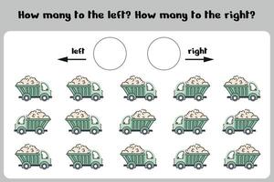 Count how many dump trucks to the right and to the left. A counting game for preschoolers and kindergarteners. Educational sheet for printing. vector