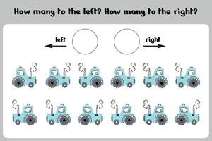 Count how many tractors are turned to the right and to the left. A counting game for preschoolers and kindergarteners. Educational sheet for printing. vector