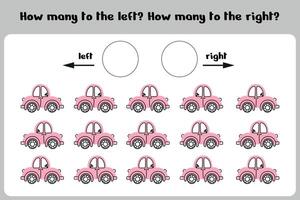 Count how many cars turned to the right and to the left. A counting game for preschoolers and kindergarteners. Educational sheet for printing. vector