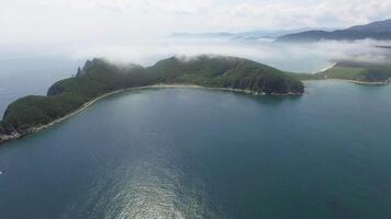 Drone view above the sea along the rocky coast on a sunny day. video