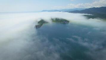Drone view the beautiful bay on a sunny day in fog. video