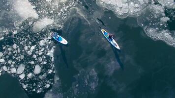 Drone view as a guy and a girl in winter wetsuits row on a sup among ice floes video