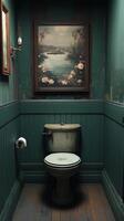 Elegant restroom with ornate mirror and rich green wall paneling in a cozy setting photo