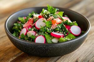Fresh colorful salad with various vegetables and herbs placed on wooden surface photo