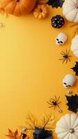 Colorful Halloween decorations with pumpkins, skulls, and spiders on yellow background photo
