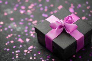 Purple bow on black gift box with glittering confetti scattered on dark surface photo