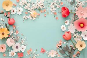 Bright and colorful tulips with delicate baby breath flowers on a mint green background photo