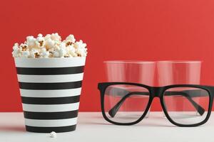 Popcorn and coffee cups with sunglasses create a fun movie snack arrangement photo