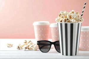 Popcorn and coffee cups with sunglasses create a fun movie snack arrangement photo