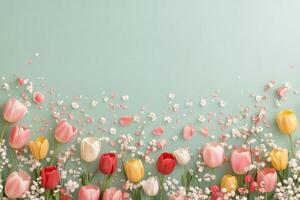 Bright and colorful tulips with delicate baby breath flowers on a mint green background photo