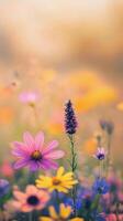 Beautiful wildflowers blooming in a sunny meadow during springtime photo