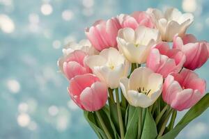 Colorful tulips arranged in a bouquet with pink and white petals against a soft blue background photo