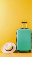 A turquoise suitcase stands beside a wide brimmed straw hat against a vibrant yellow wall photo