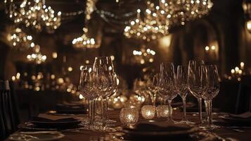 Elegant dinner setting with warm lights and sparkling glassware at a cozy restaurant photo