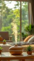 Relaxing indoor atmosphere created by essential oil diffuser in a cozy living space photo