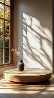 Natural light creates beautiful shadows on a wooden surface in a modern interior setting photo