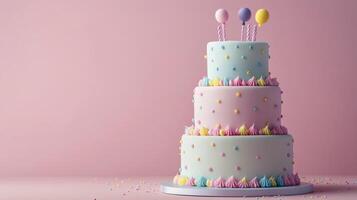 Delicious three tiered cake decorated with colorful frosting and balloons for a celebration photo
