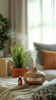 Relaxing indoor atmosphere created by essential oil diffuser in a cozy living space photo