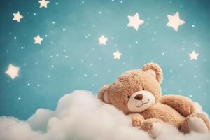 Cute bear sitting on soft clouds with starry background during calm night photo
