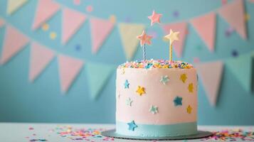 Colorful birthday cake with stars at a festive celebration backdrop photo