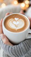 Warm drink with heart latte art held in cozy hands in a softly lit background during winter photo