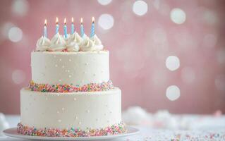 Elegant three tier cake with colorful sprinkles and candles for a celebration photo
