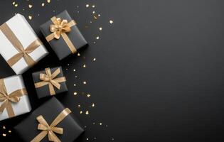 Elegant gift boxes with golden ribbons and confetti on dark background photo