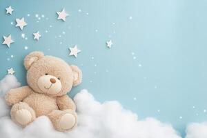 Cute bear sitting on soft clouds with starry background during calm night photo