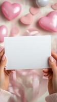Hands holding a blank card above decorative hearts on a soft pink background photo